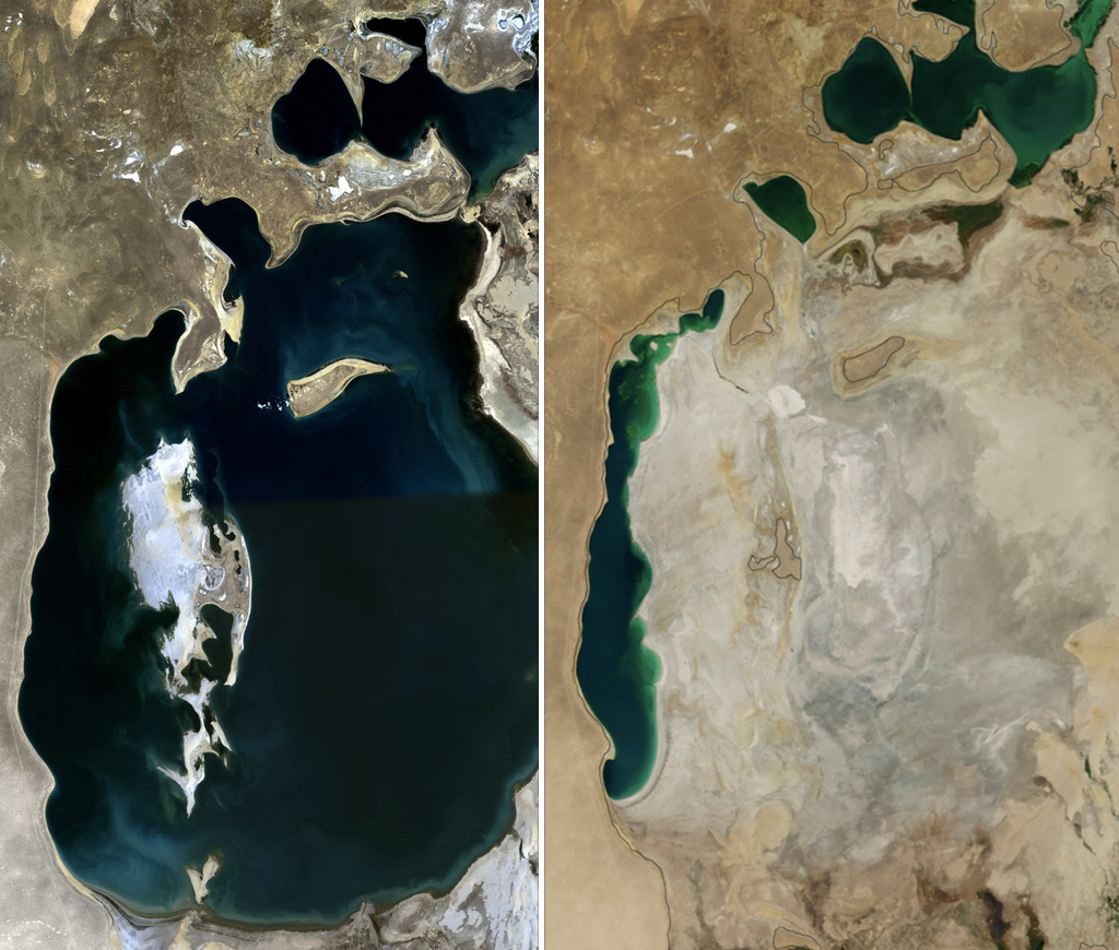 Aralské jezero ze satelitu - 1989 a 2014