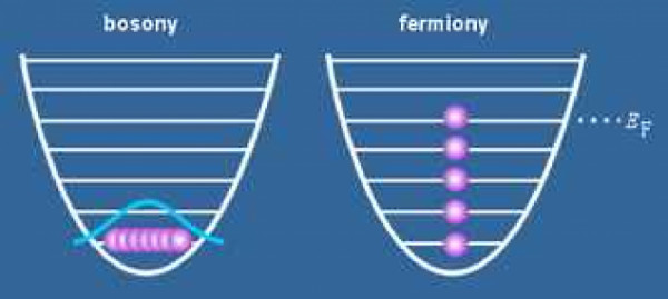 Bosony s oblibou zaujímají stejný energetický stav. Naproti tomu fermiony díky své nesnášenlivosti upřednostňují volné energetické hladiny. (Aldebaran)
